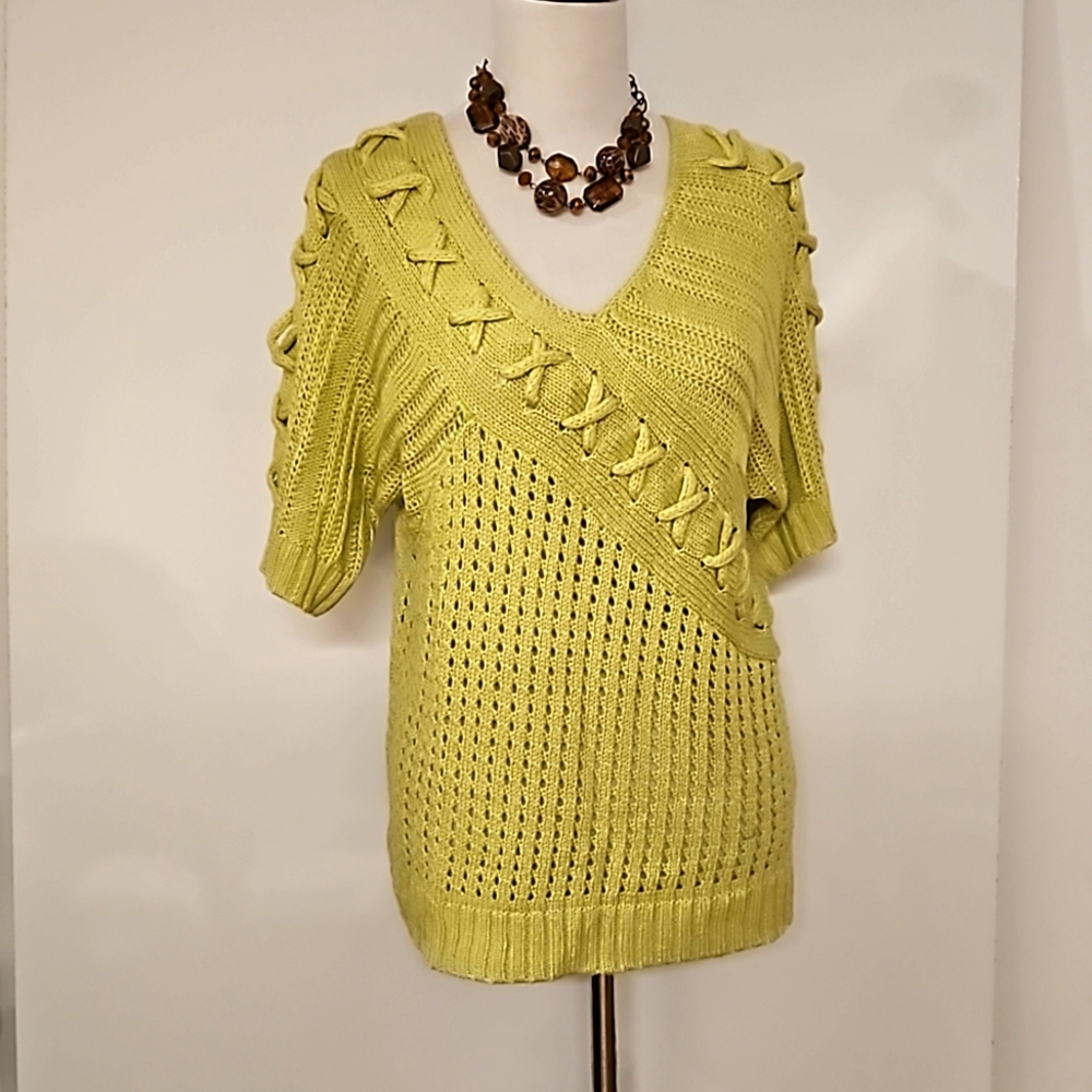 RUBY RD. lime yellow green chunky knit sweater Lg. tie detail - Picture 1 of 6
